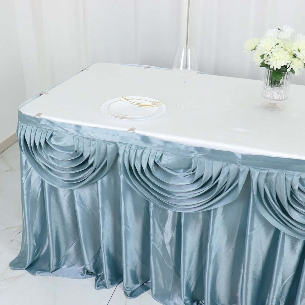 Satin 14ft Table Skirt Dusty Blue - Pleated Double Drape Table Cover - Bell Racket Store