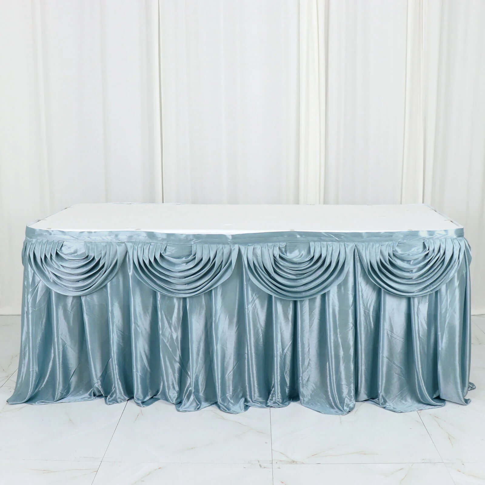 Satin 14ft Table Skirt Dusty Blue - Pleated Double Drape Table Cover - Bell Racket Store