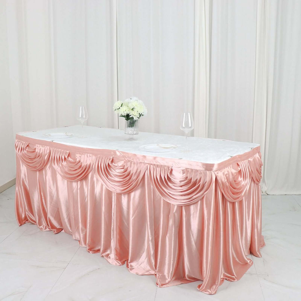 Satin 14ft Table Skirt Dusty Rose - Pleated Double Drape Table Cover - Bell Racket Store