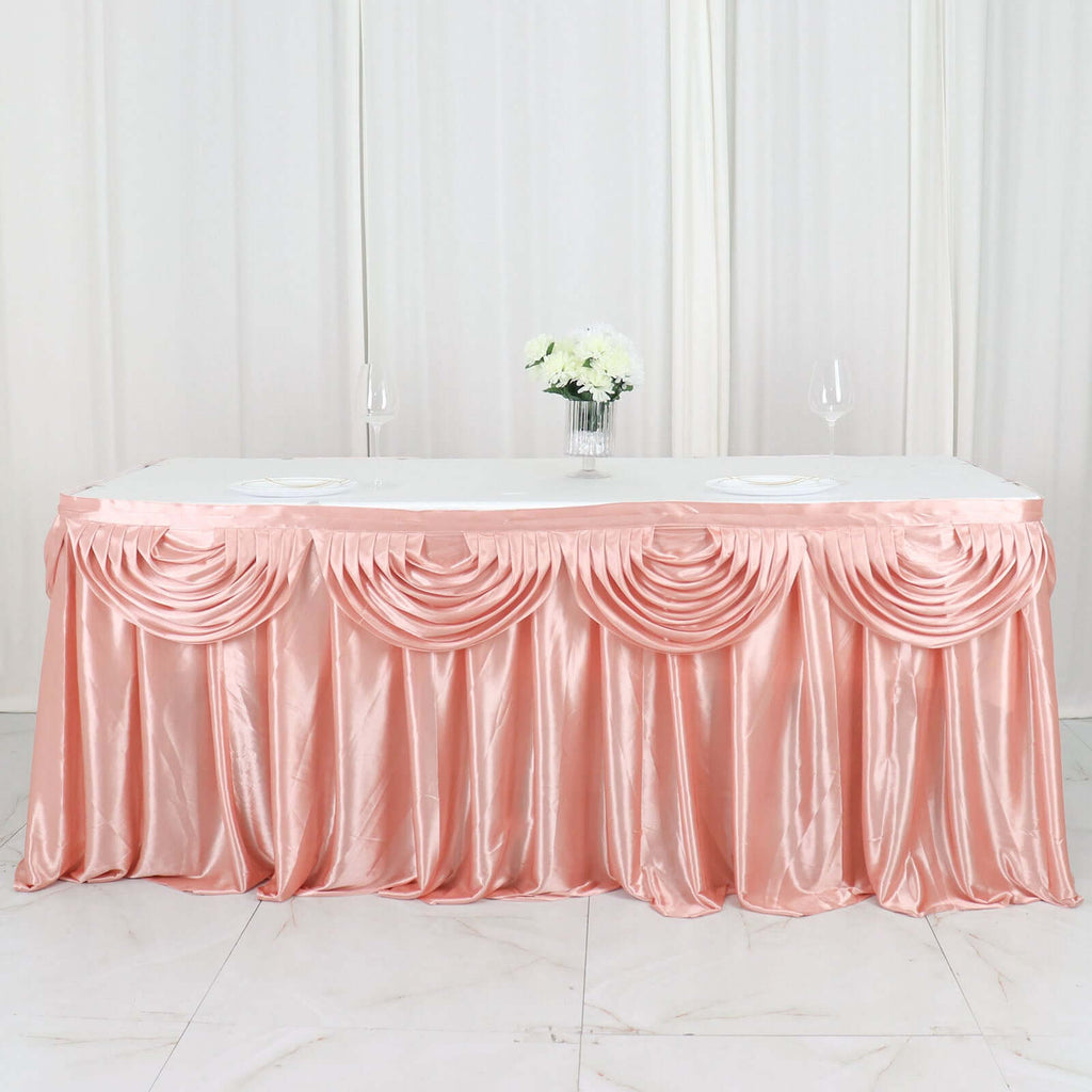 Satin 14ft Table Skirt Dusty Rose - Pleated Double Drape Table Cover - Bell Racket Store