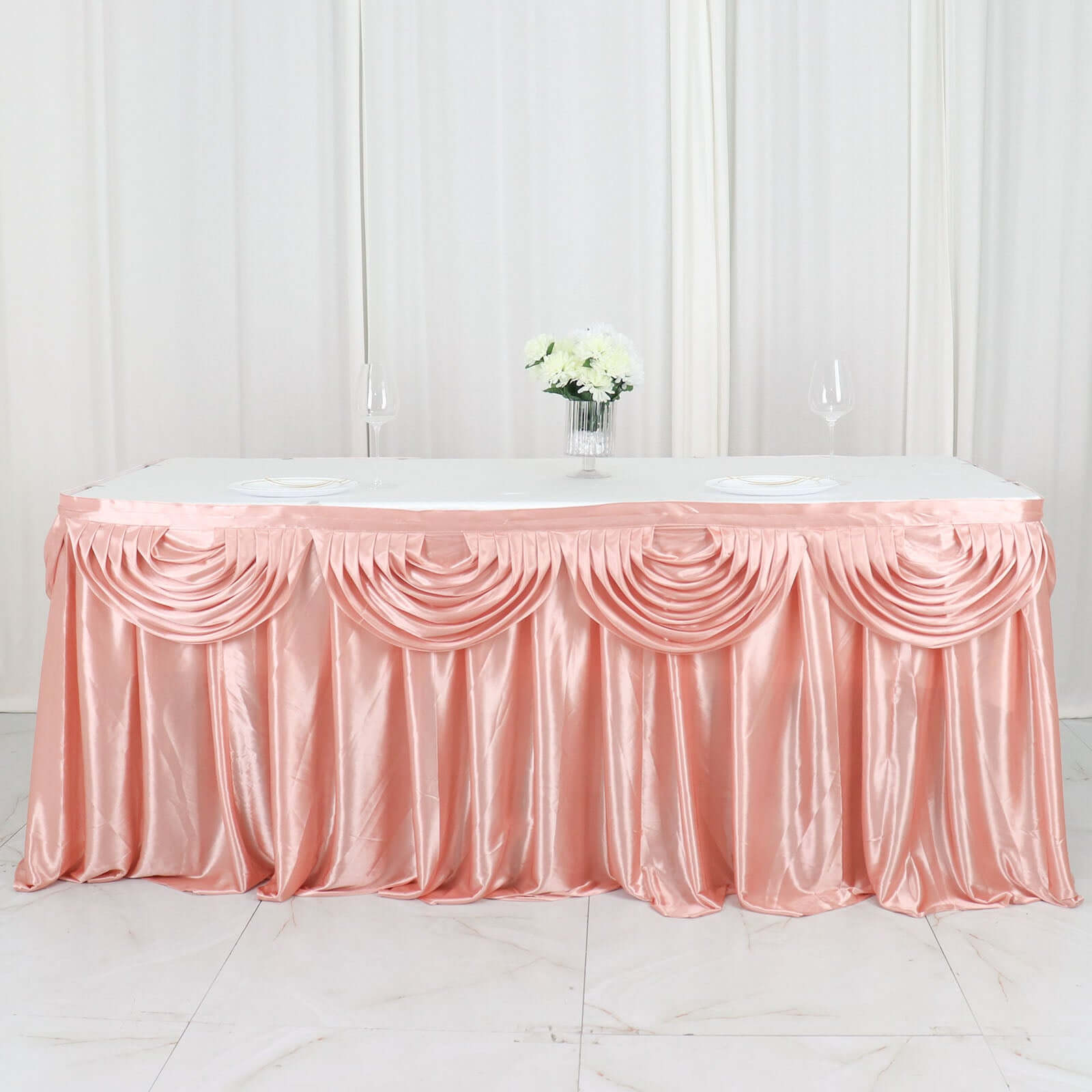 Satin 14ft Table Skirt Dusty Rose - Pleated Double Drape Table Cover - Bell Racket Store