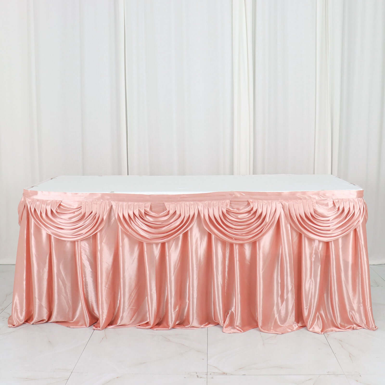 Satin 14ft Table Skirt Dusty Rose - Pleated Double Drape Table Cover - Bell Racket Store