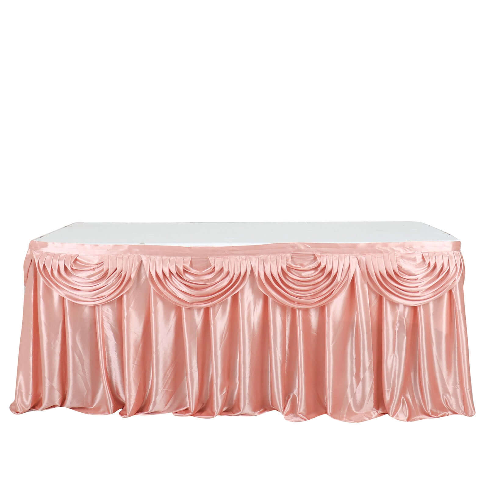 Satin 14ft Table Skirt Dusty Rose - Pleated Double Drape Table Cover - Bell Racket Store