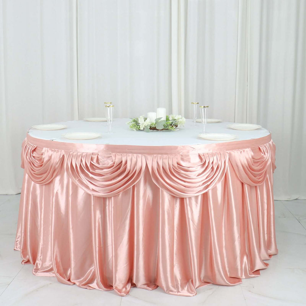 Satin 14ft Table Skirt Dusty Rose - Pleated Double Drape Table Cover - Bell Racket Store