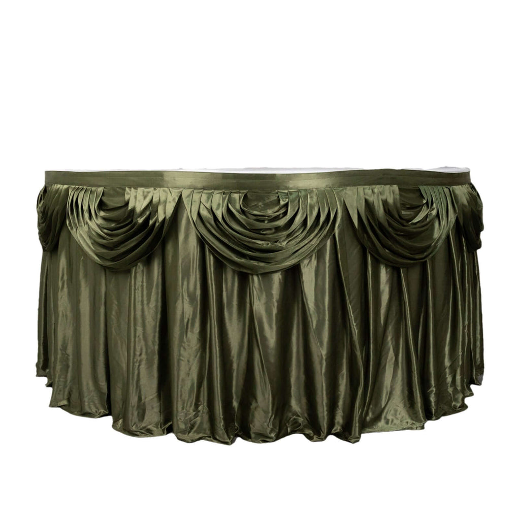 Satin 14ft Table Skirt Dusty Sage Green - Pleated Double Drape Table Cover - Bell Racket Store