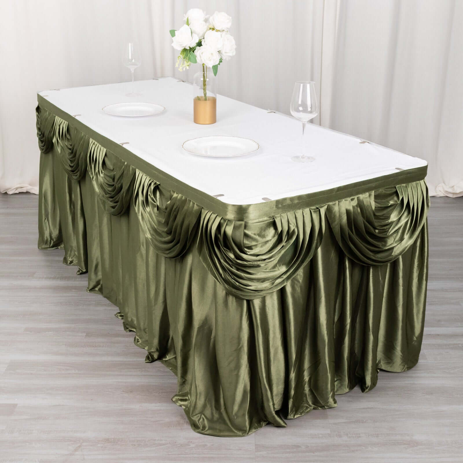 Satin 14ft Table Skirt Dusty Sage Green - Pleated Double Drape Table Cover - Bell Racket Store