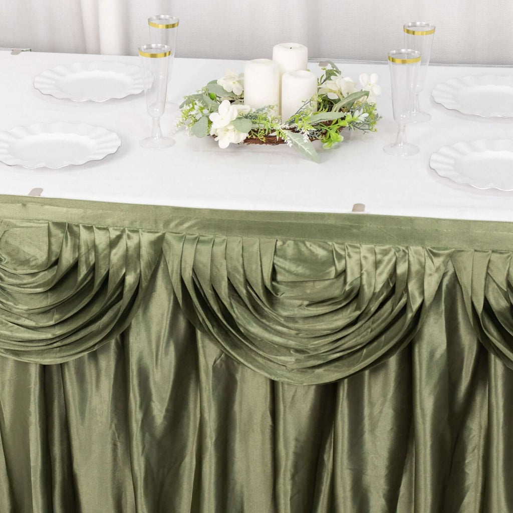 Satin 14ft Table Skirt Dusty Sage Green - Pleated Double Drape Table Cover - Bell Racket Store