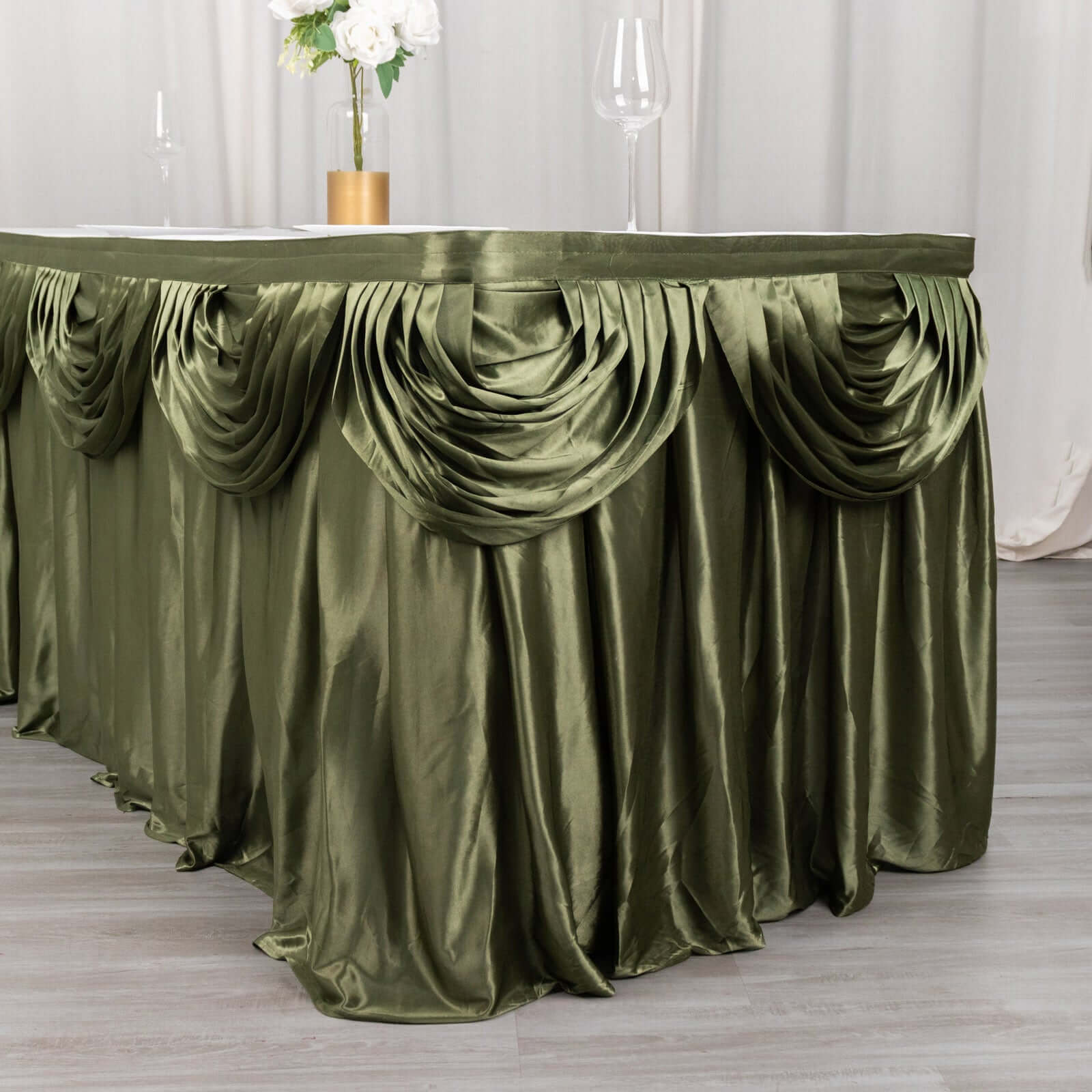 Satin 14ft Table Skirt Dusty Sage Green - Pleated Double Drape Table Cover - Bell Racket Store