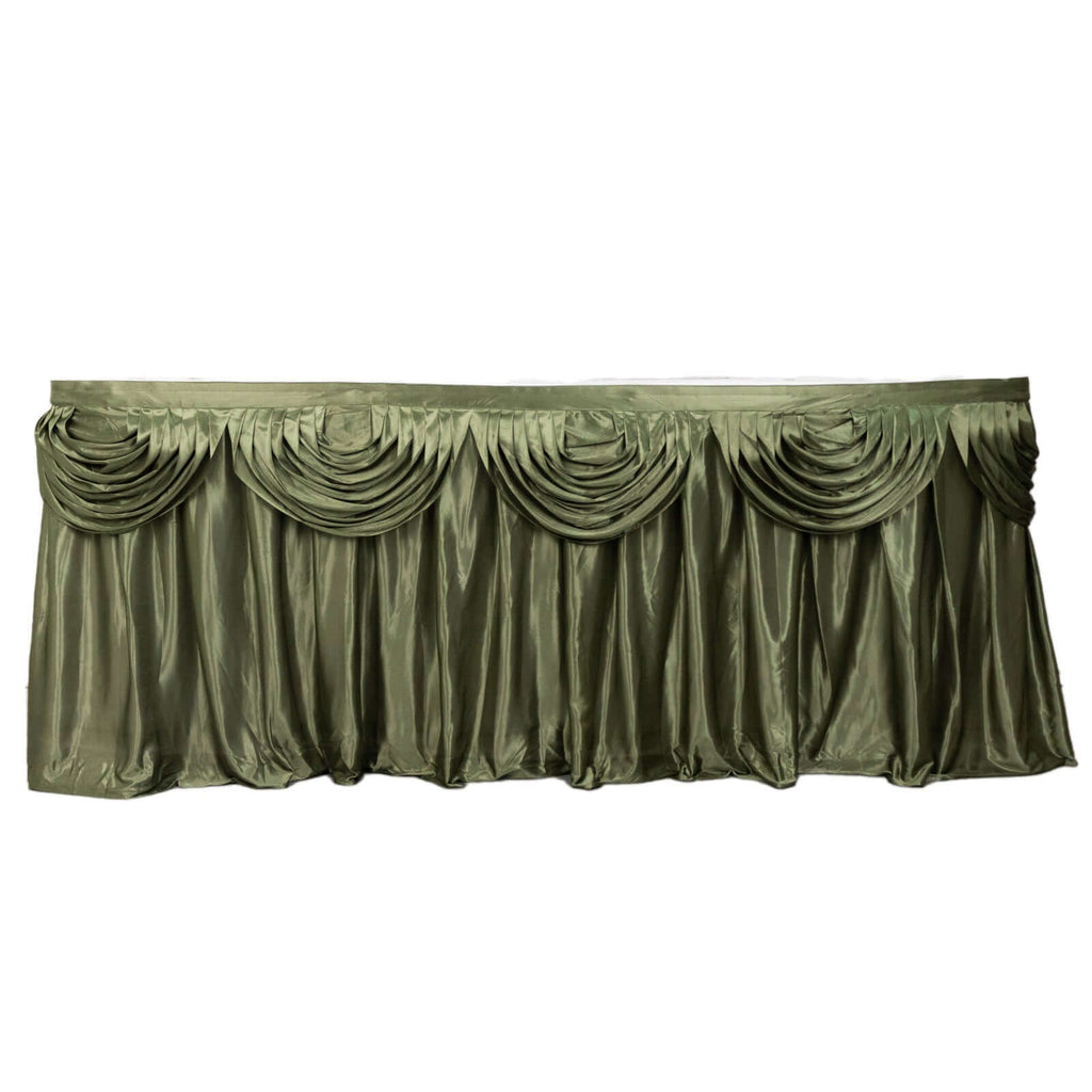 Satin 14ft Table Skirt Dusty Sage Green - Pleated Double Drape Table Cover - Bell Racket Store