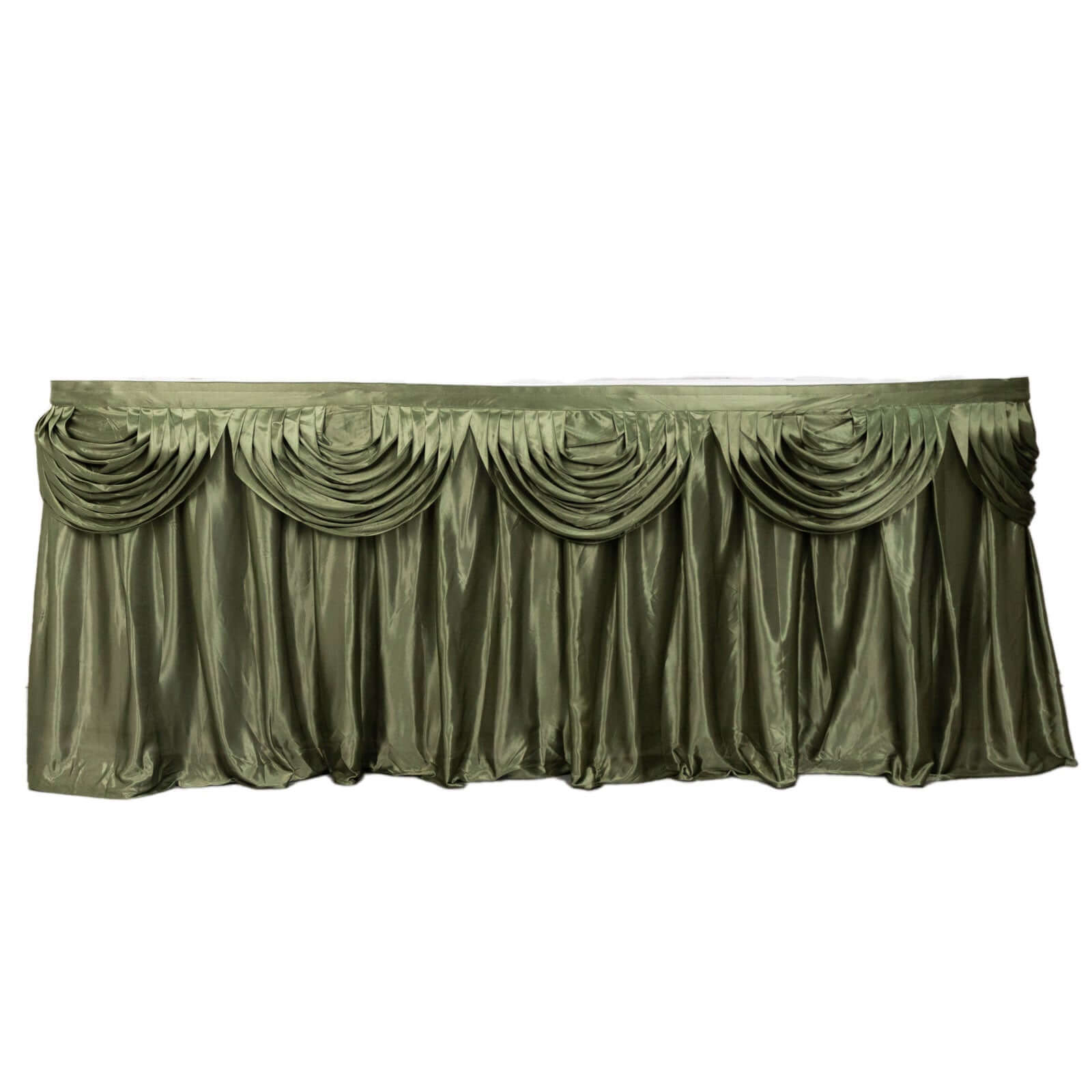 Satin 14ft Table Skirt Dusty Sage Green - Pleated Double Drape Table Cover - Bell Racket Store