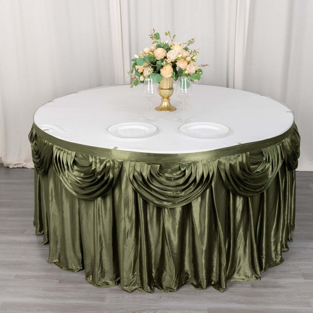 Satin 14ft Table Skirt Dusty Sage Green - Pleated Double Drape Table Cover - Bell Racket Store