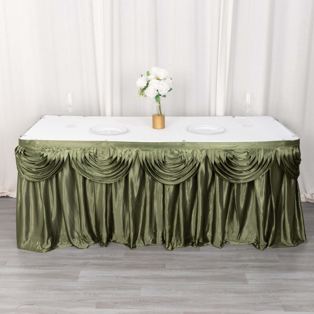 Satin 14ft Table Skirt Dusty Sage Green - Pleated Double Drape Table Cover - Bell Racket Store