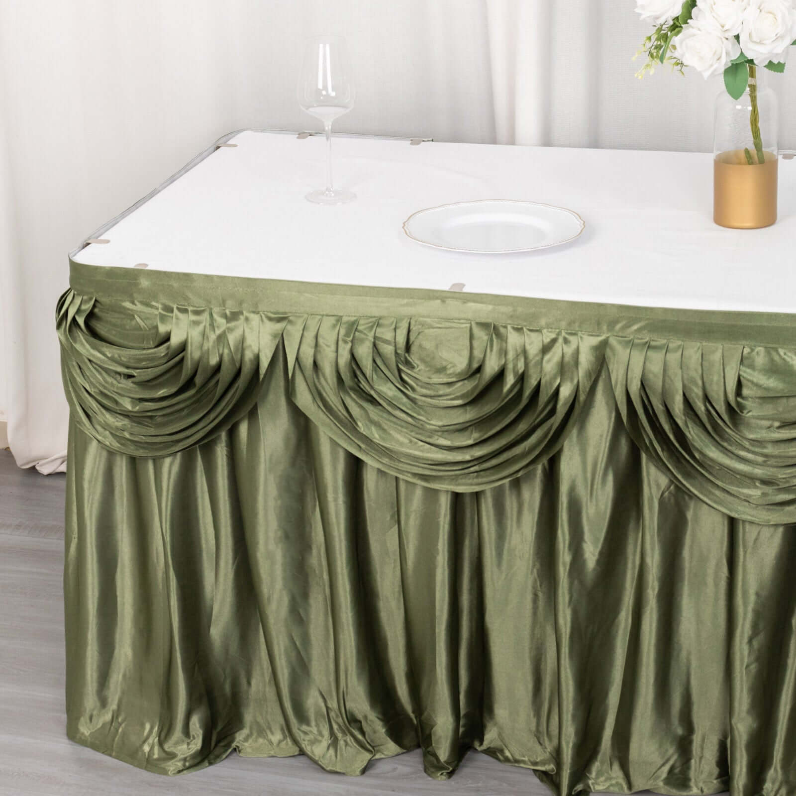 Satin 14ft Table Skirt Dusty Sage Green - Pleated Double Drape Table Cover - Bell Racket Store