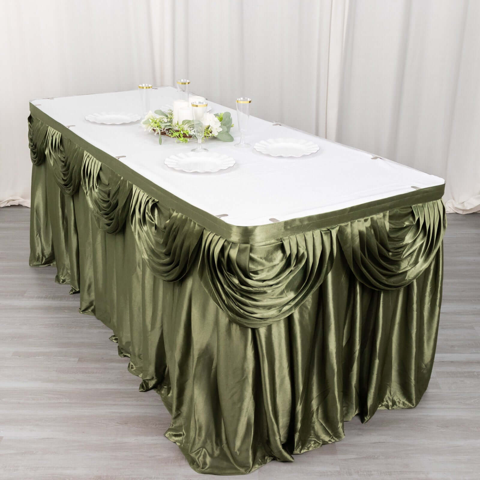 Satin 14ft Table Skirt Dusty Sage Green - Pleated Double Drape Table Cover - Bell Racket Store