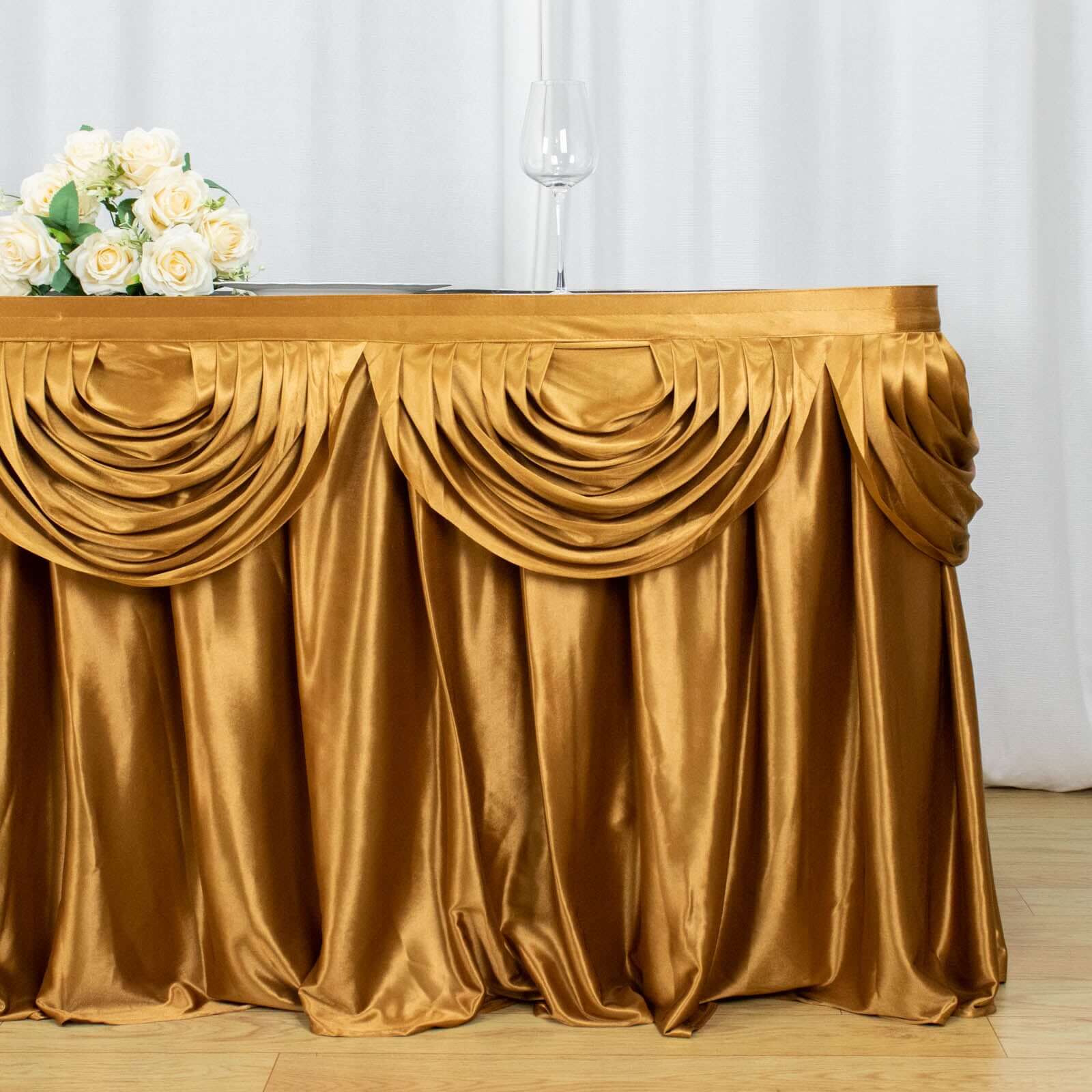 Satin 14ft Table Skirt Gold Pleated Double Drape Design - Soft & Graceful for Events - Bell Racket Store