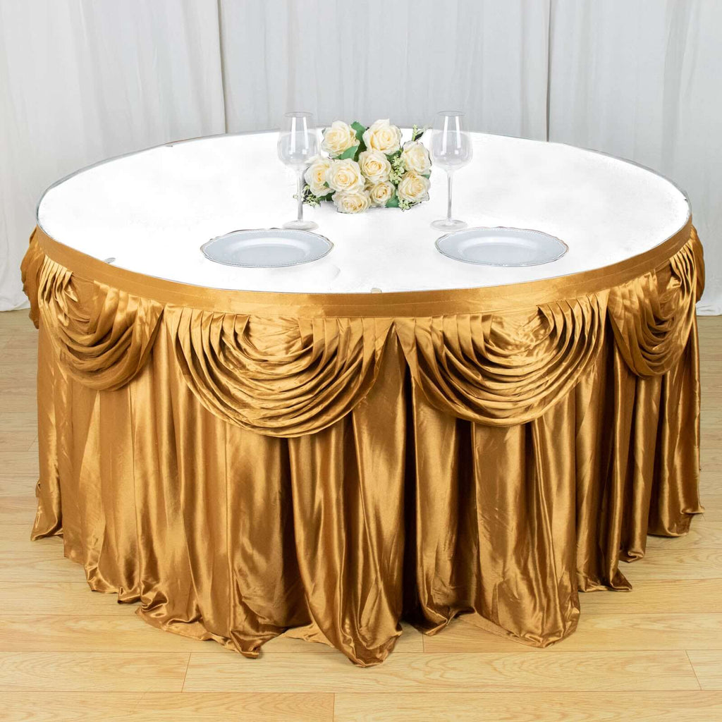 Satin 14ft Table Skirt Gold Pleated Double Drape Design - Soft & Graceful for Events - Bell Racket Store