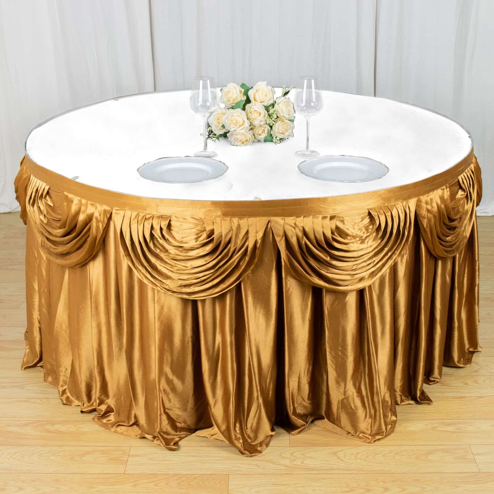Satin 14ft Table Skirt Gold Pleated Double Drape Design - Soft & Graceful for Events - Bell Racket Store