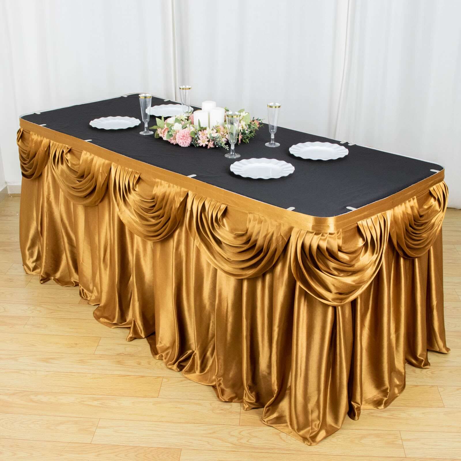 Satin 14ft Table Skirt Gold Pleated Double Drape Design - Soft & Graceful for Events - Bell Racket Store