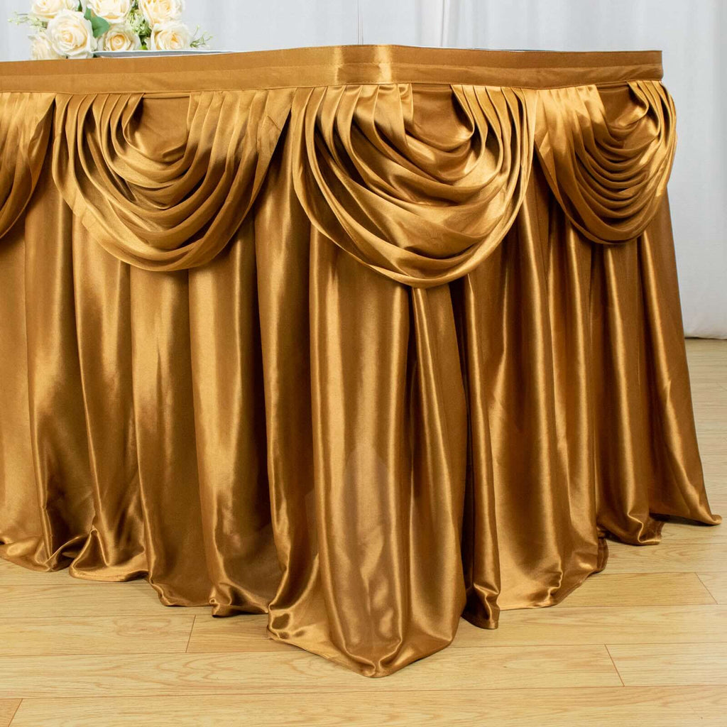 Satin 14ft Table Skirt Gold Pleated Double Drape Design - Soft & Graceful for Events - Bell Racket Store