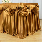 Satin 14ft Table Skirt Gold Pleated Double Drape Design - Soft & Graceful for Events - Bell Racket Store