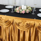 Satin 14ft Table Skirt Gold Pleated Double Drape Design - Soft & Graceful for Events - Bell Racket Store