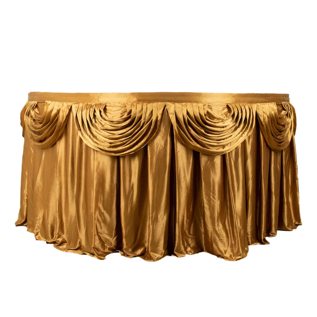 Satin 14ft Table Skirt Gold Pleated Double Drape Design - Soft & Graceful for Events - Bell Racket Store