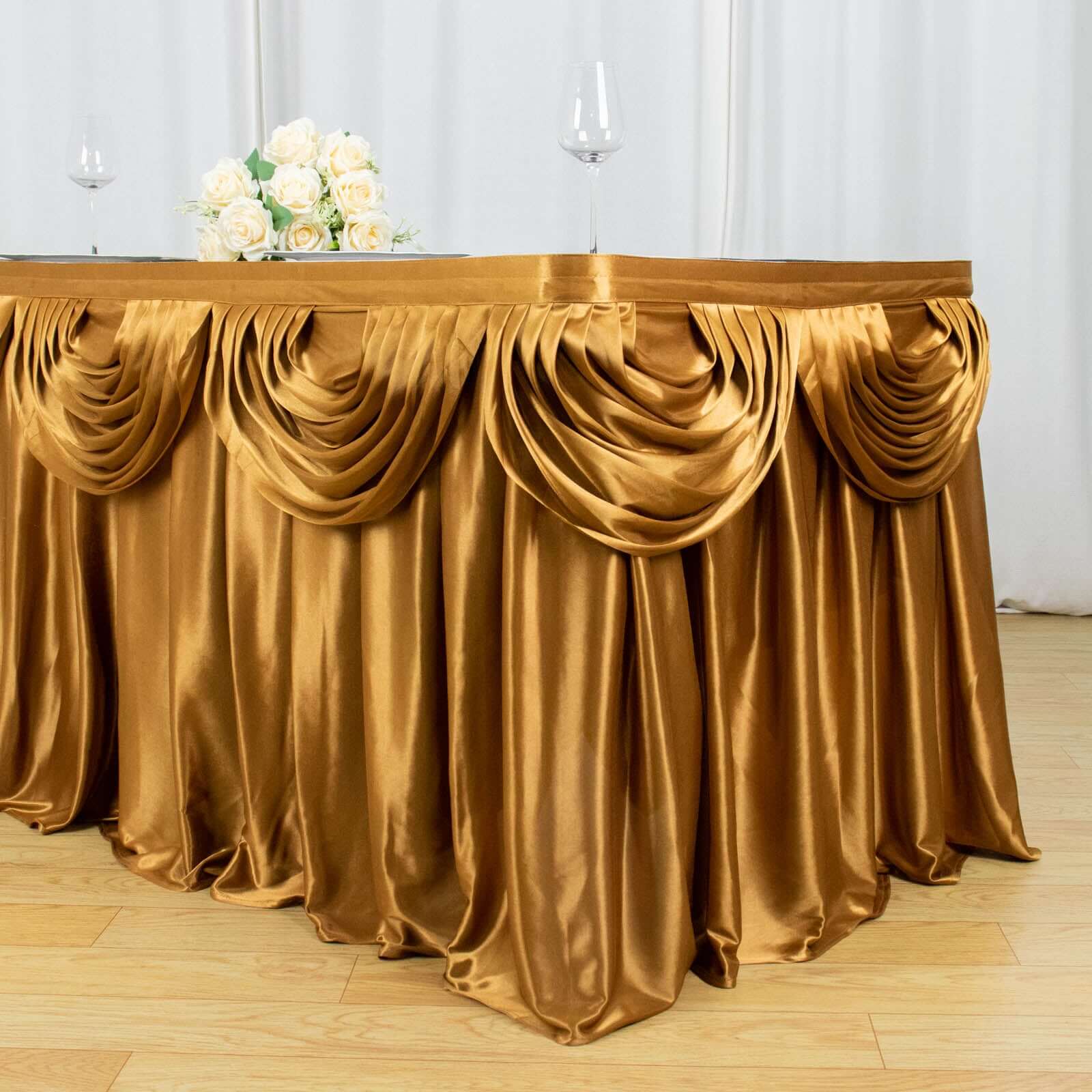 Satin 14ft Table Skirt Gold Pleated Double Drape Design - Soft & Graceful for Events - Bell Racket Store