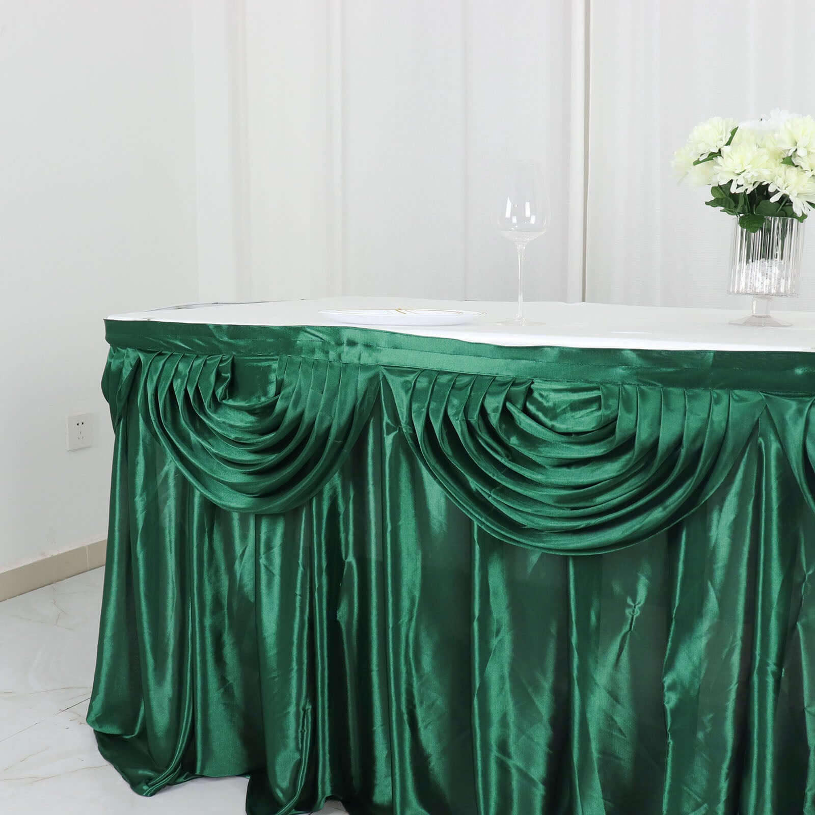 Satin 14ft Table Skirt Hunter Emerald Green - Pleated Double Drape Table Cover - Bell Racket Store
