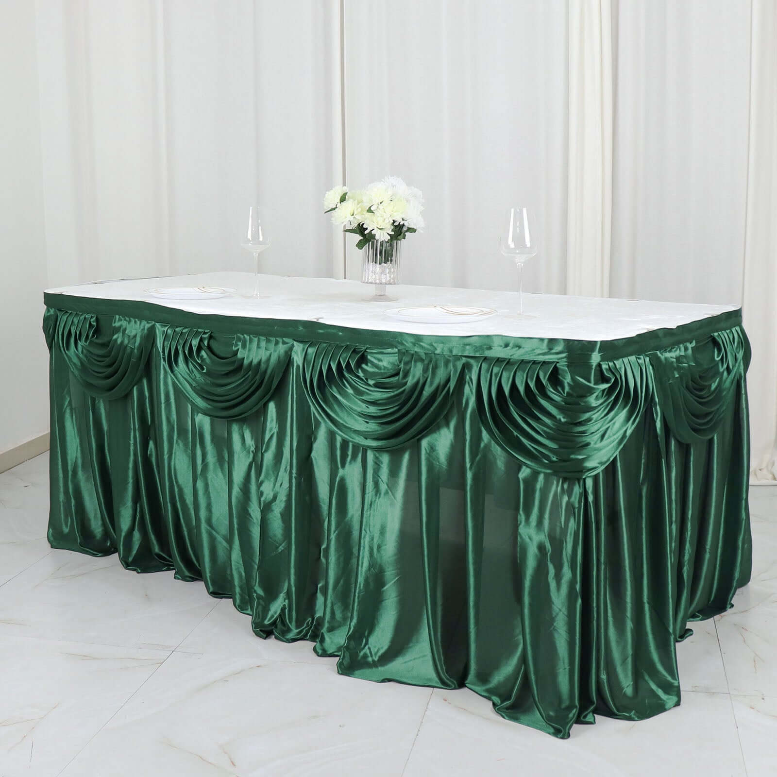 Satin 14ft Table Skirt Hunter Emerald Green - Pleated Double Drape Table Cover - Bell Racket Store