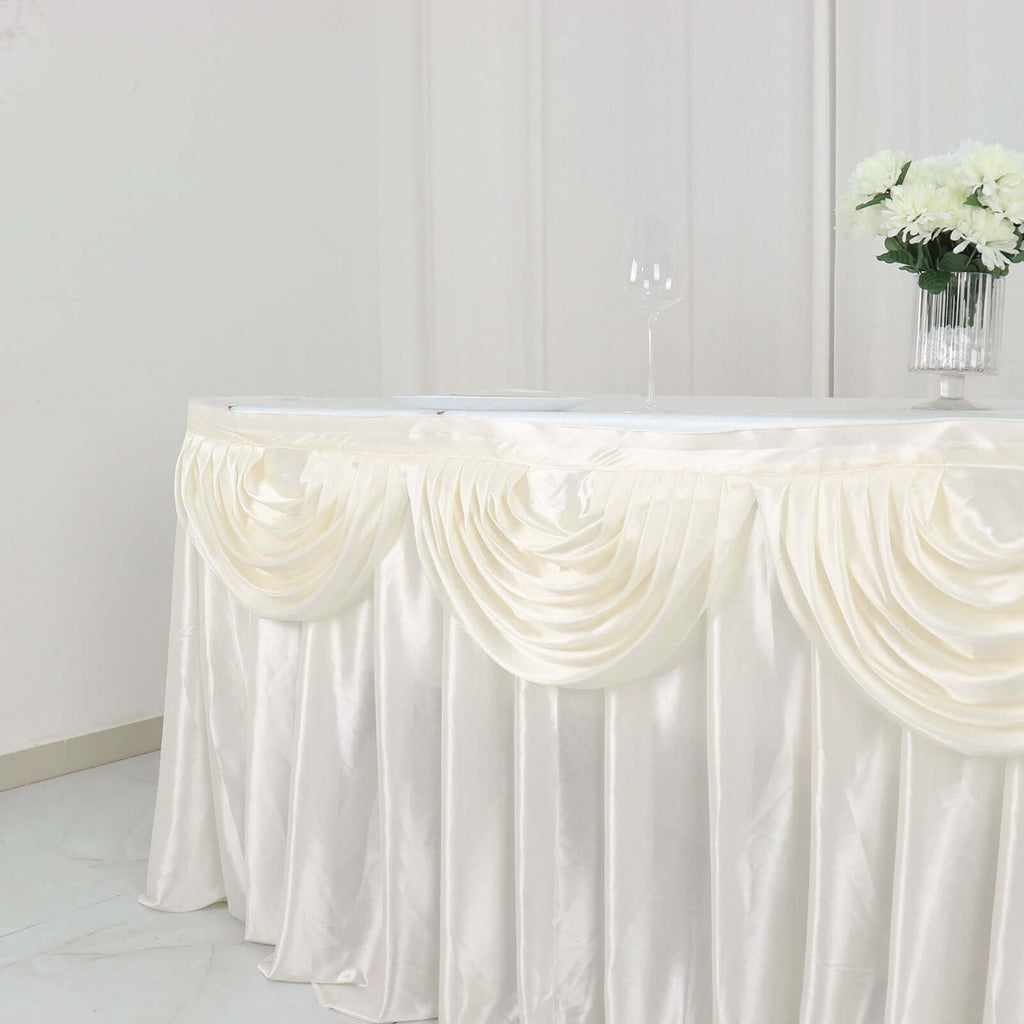 Satin 14ft Table Skirt Ivory - Pleated Double Drape Table Cover - Bell Racket Store