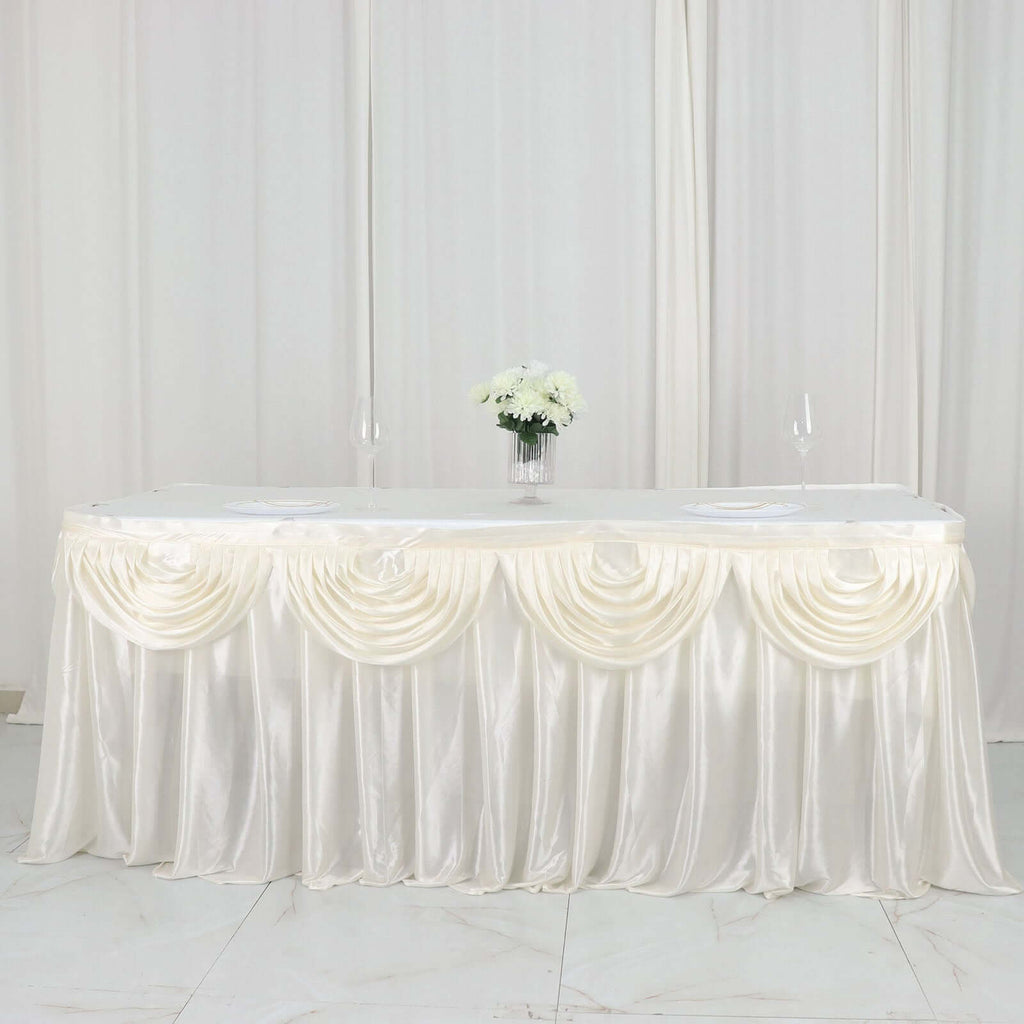 Satin 14ft Table Skirt Ivory - Pleated Double Drape Table Cover - Bell Racket Store