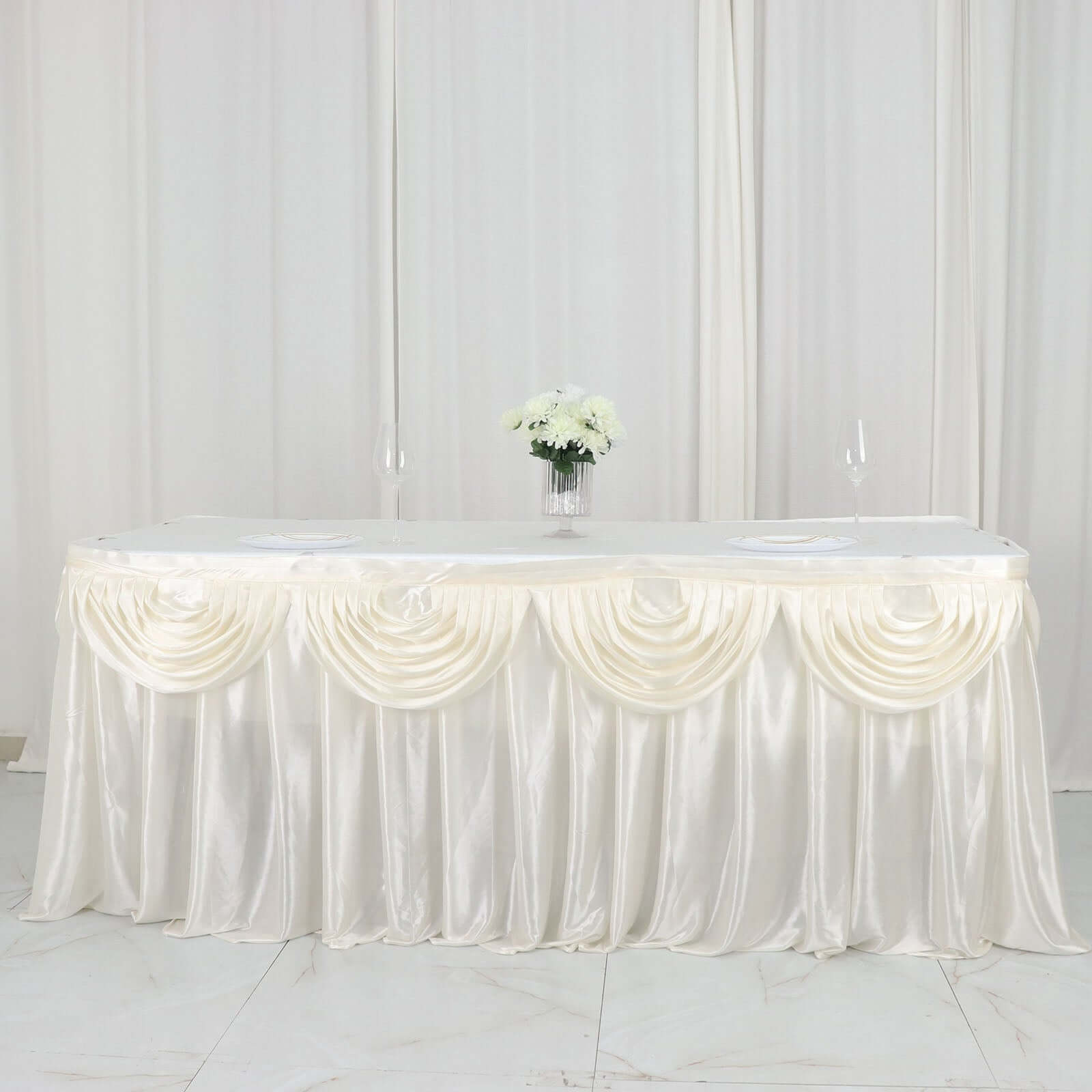 Satin 14ft Table Skirt Ivory - Pleated Double Drape Table Cover - Bell Racket Store