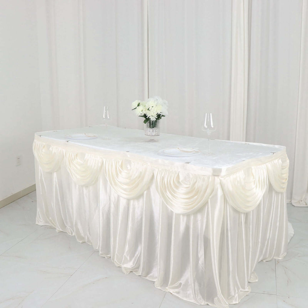 Satin 14ft Table Skirt Ivory - Pleated Double Drape Table Cover - Bell Racket Store
