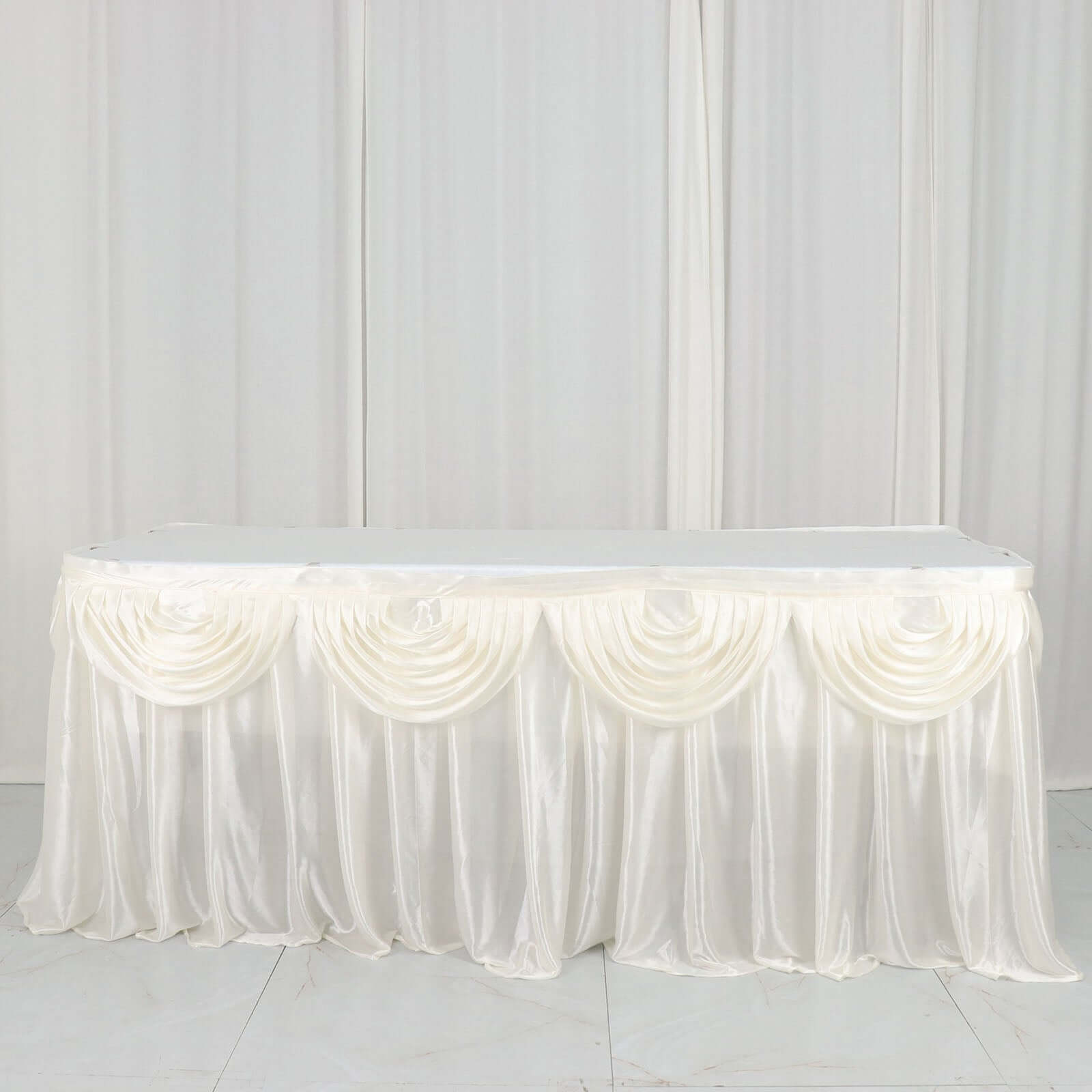 Satin 14ft Table Skirt Ivory - Pleated Double Drape Table Cover - Bell Racket Store
