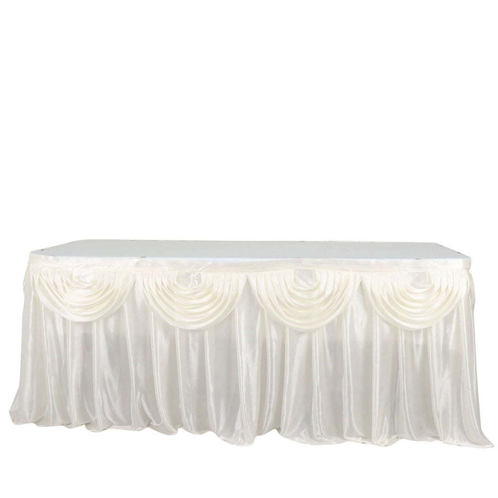 Satin 14ft Table Skirt Ivory - Pleated Double Drape Table Cover - Bell Racket Store