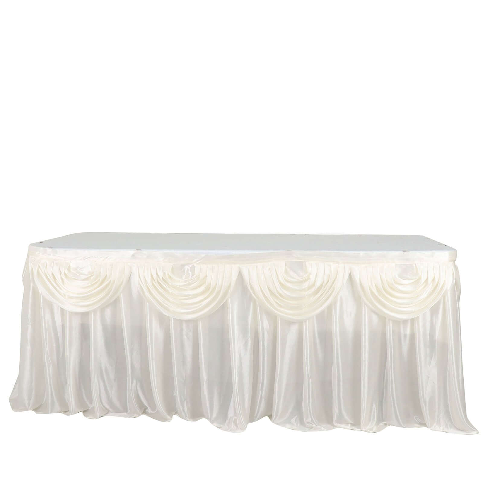 Satin 14ft Table Skirt Ivory - Pleated Double Drape Table Cover - Bell Racket Store