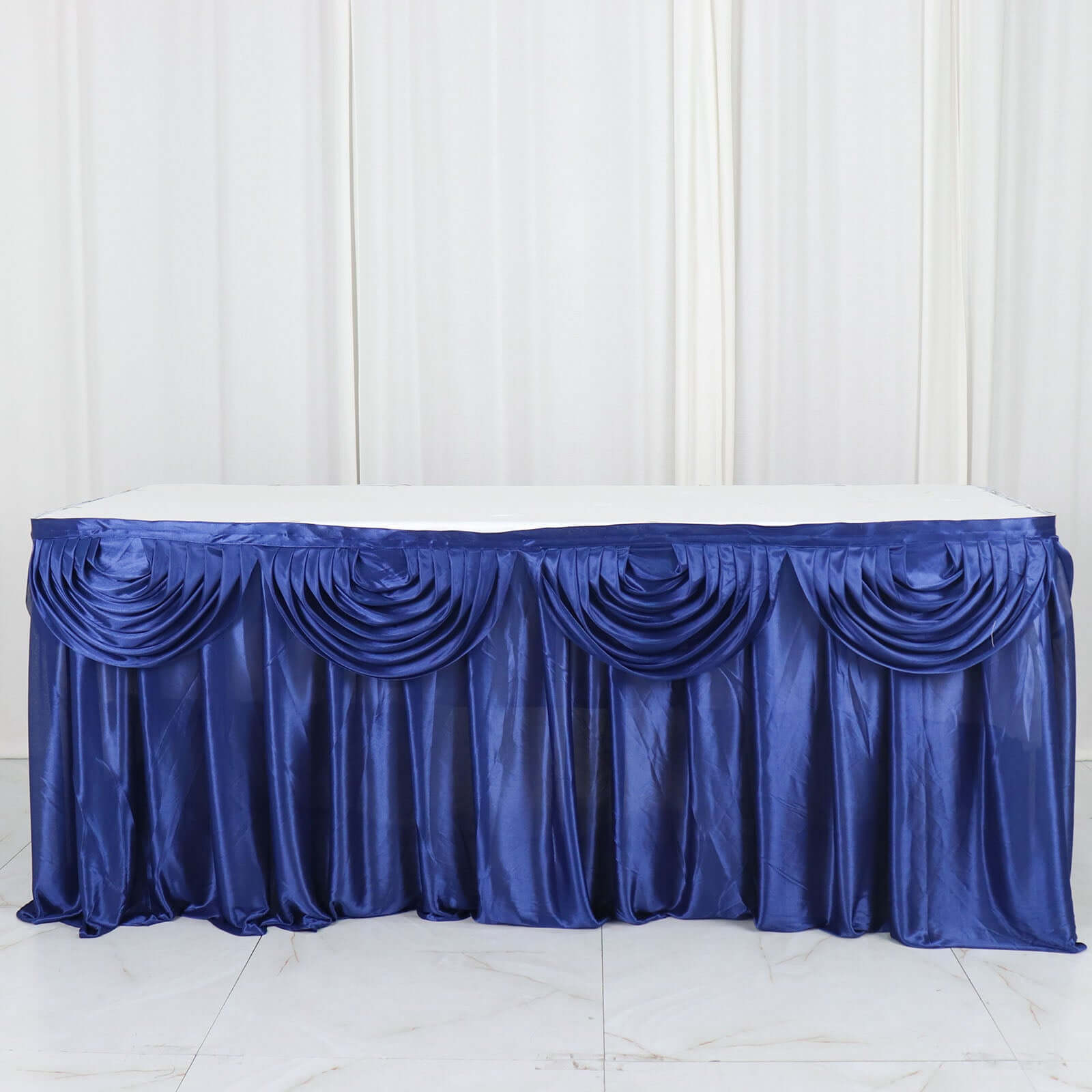 Satin 14ft Table Skirt Navy Blue - Pleated Double Drape Table Cover - Bell Racket Store