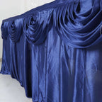Satin 14ft Table Skirt Navy Blue - Pleated Double Drape Table Cover - Bell Racket Store