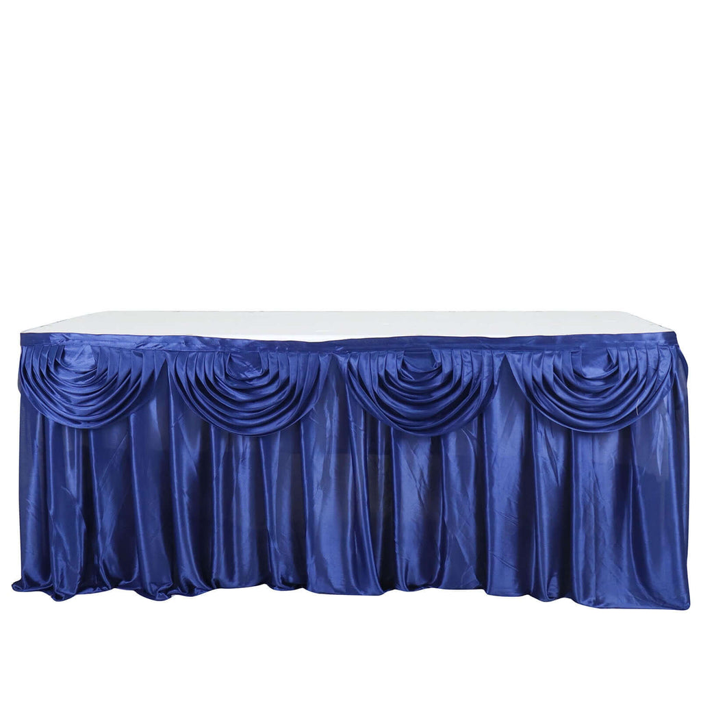 Satin 14ft Table Skirt Navy Blue - Pleated Double Drape Table Cover - Bell Racket Store
