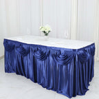 Satin 14ft Table Skirt Navy Blue - Pleated Double Drape Table Cover - Bell Racket Store