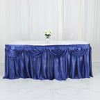 Satin 14ft Table Skirt Navy Blue - Pleated Double Drape Table Cover - Bell Racket Store