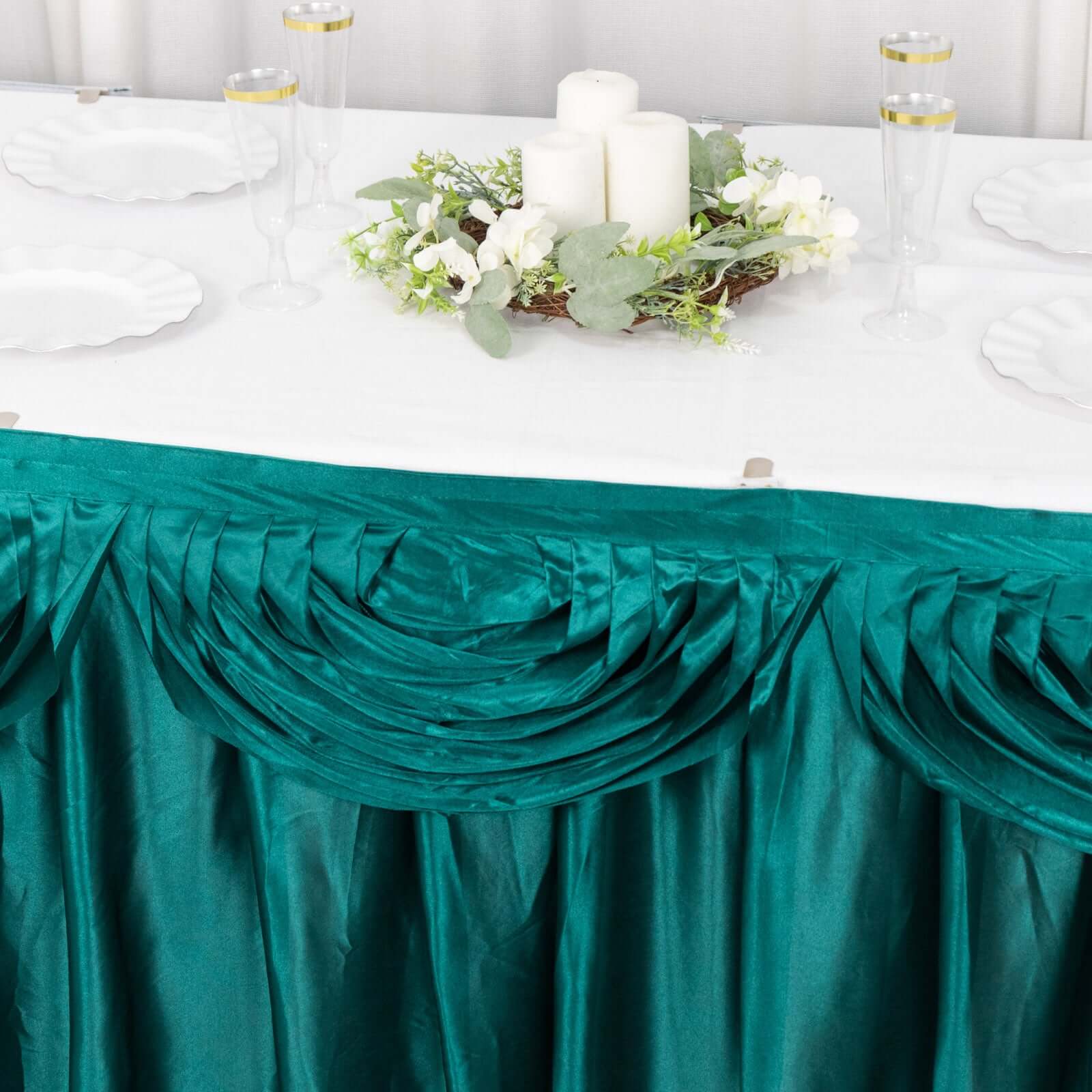 Satin 14ft Table Skirt Peacock Teal - Pleated Double Drape Table Cover - Bell Racket Store