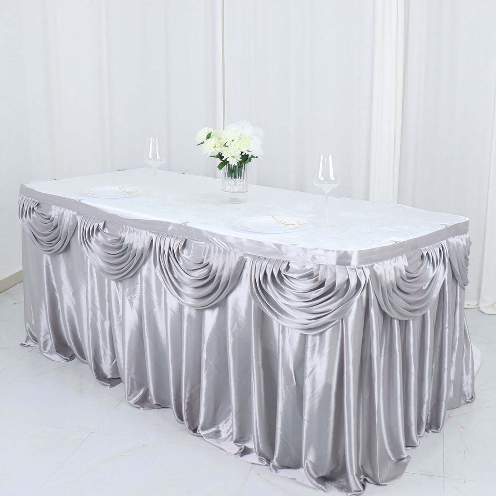 Satin 14ft Table Skirt Silver - Pleated Double Drape Table Cover - Bell Racket Store