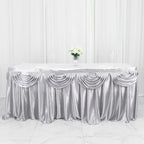 Satin 14ft Table Skirt Silver - Pleated Double Drape Table Cover - Bell Racket Store