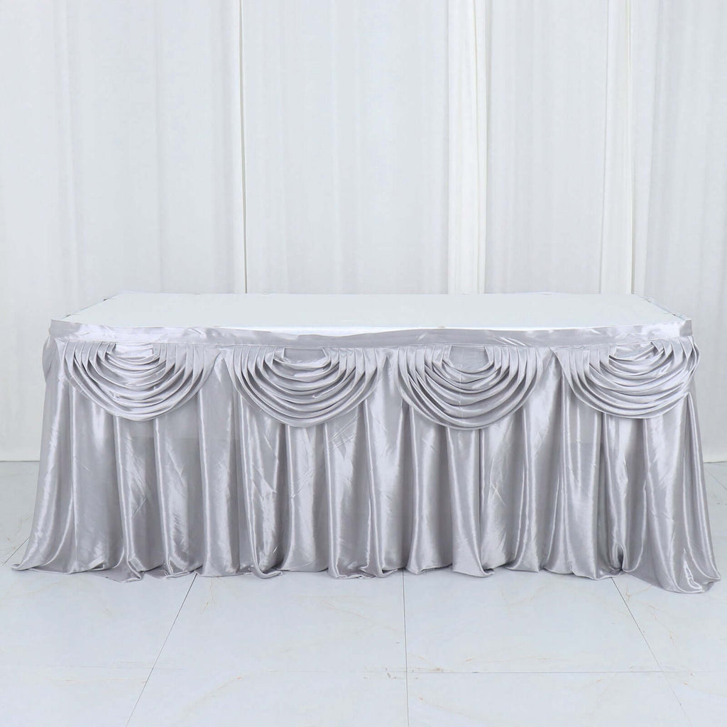 Satin 14ft Table Skirt Silver - Pleated Double Drape Table Cover - Bell Racket Store