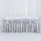 Satin 14ft Table Skirt Silver - Pleated Double Drape Table Cover - Bell Racket Store