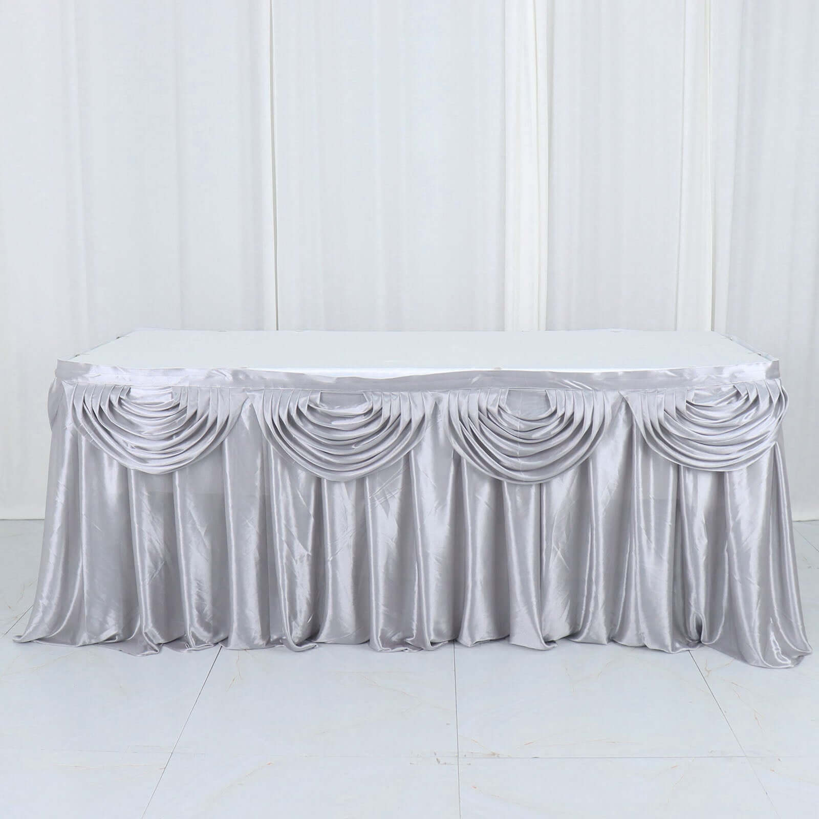 Satin 14ft Table Skirt Silver - Pleated Double Drape Table Cover - Bell Racket Store
