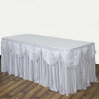 Satin 14ft Table Skirt White Pleated Double Drape Design - Soft & Graceful for Events - Bell Racket Store