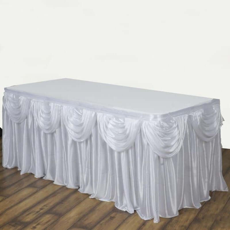 Satin 14ft Table Skirt White Pleated Double Drape Design - Soft & Graceful for Events - Bell Racket Store