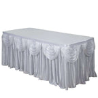 Satin 14ft Table Skirt White Pleated Double Drape Design - Soft & Graceful for Events - Bell Racket Store